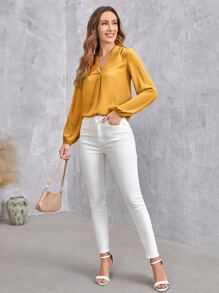 SHEIN Clasi V領燈籠袖素色上衣 - 芥末黃 - 查看 4