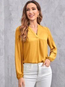 SHEIN Clasi V領燈籠袖素色上衣 - 芥末黃 - 查看 5