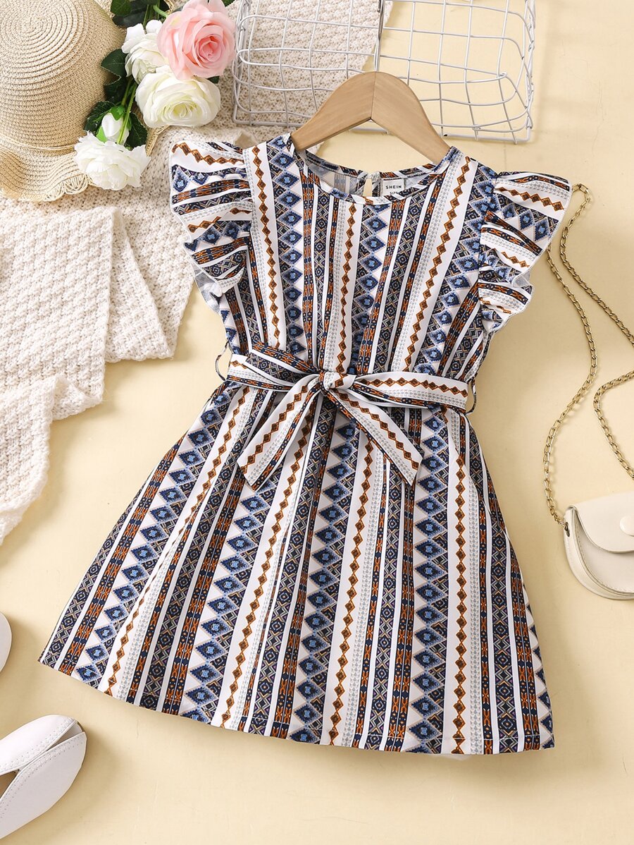 SHEIN Đầm bé gái Xù Hình học Bộ lạc Boho - Nhiều màu - Xem 1