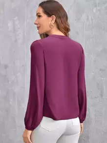 SHEIN Clasi V領燈籠袖素色上衣 - 中紫紅色 - 查看 2