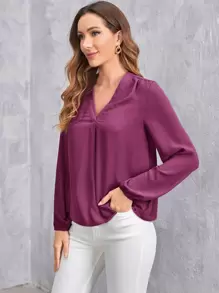 SHEIN Clasi V領燈籠袖素色上衣 - 中紫紅色 - 查看 4