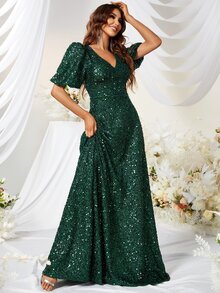 YISIKADO Đầm Buộc lại Dây kéo màu trơn Buổi tiệc - Màu xanh lá cây đậm - Xem 4