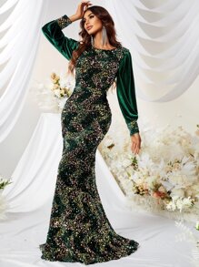 YISIKADO Contrast Sleeve Mermaid Hem Sequin Formal Dress - Dark Green - View 2