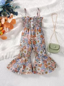SHEIN Baby Girl Allover Floral Print Shirred Bodice Flare Leg Cami Jumpsuit - Multicolor - View 1