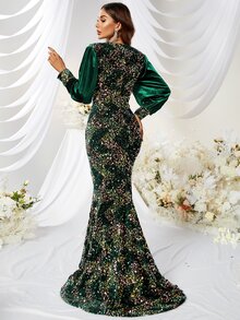 YISIKADO Contrast Sleeve Mermaid Hem Sequin Formal Dress - Dark Green - View 3