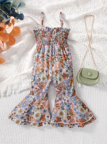 SHEIN Baby Girl Allover Floral Print Shirred Bodice Flare Leg Cami Jumpsuit - Multicolor - View 2
