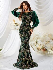 YISIKADO Contrast Sleeve Mermaid Hem Sequin Formal Dress - Dark Green - View 4