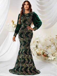 YISIKADO Contrast Sleeve Mermaid Hem Sequin Formal Dress - Dark Green - View 7