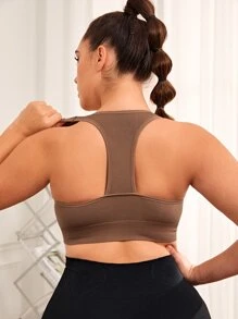 Plus Letter Graphic Sports Bra - Coffee Brown - View 2