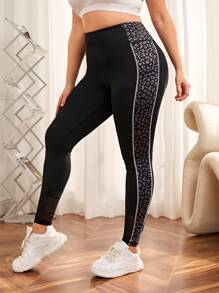 Plus Leopard Print Wideband Waist Sports Leggings - Black - View 4