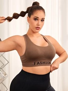 Plus Letter Graphic Sports Bra - Coffee Brown - View 4