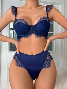 Set de lencería panel con encaje de pestaña con aro - azul real - Ver 1