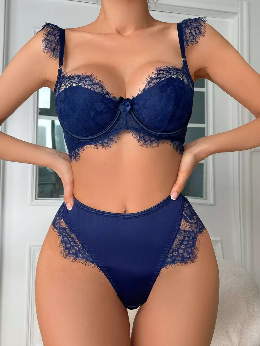 Set de lencería panel con encaje de pestaña con aro - azul real - Ver 1