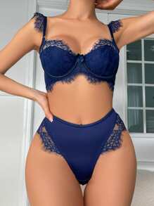 Set de lencería panel con encaje de pestaña con aro - azul real - Ver 5