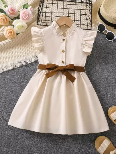 SHEIN Genkimix Kids Young Girl Elegant Khaki Solid Color Dress With Stand Collar And Ruffled Sleeves For Summer