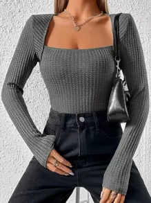 SHEIN Privé 方領華夫格編織T恤 - 深灰色 - 查看 1