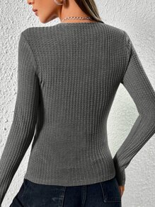 SHEIN Privé 方領華夫格編織T恤 - 深灰色 - 查看 2