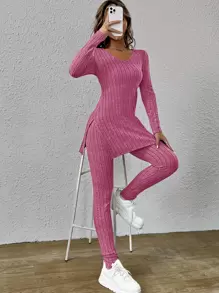 SHEIN Essnce Bộ đồ hai mảnh nữ Chia Gân đan màu trơn Giải trí - Hồng - Xem 1