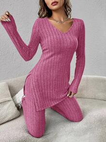 SHEIN Essnce Bộ đồ hai mảnh nữ Chia Gân đan màu trơn Giải trí - Hồng - Xem 3