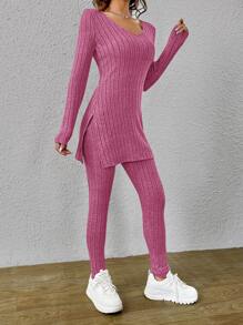 SHEIN Essnce Bộ đồ hai mảnh nữ Chia Gân đan màu trơn Giải trí - Hồng - Xem 4