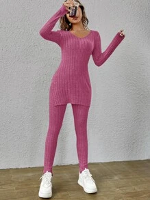 SHEIN Essnce Bộ đồ hai mảnh nữ Chia Gân đan màu trơn Giải trí - Hồng - Xem 5