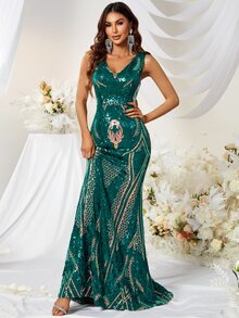 YISIKADO 魚尾裙下擺亮片正式連衣裙 - 墨綠色 - 查看 8