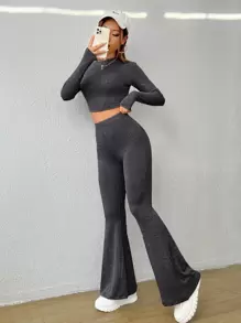 SHEIN EZwear Bộ đồ hai mảnh nữ Gân đan màu trơn Giải trí - màu đen - Xem 1