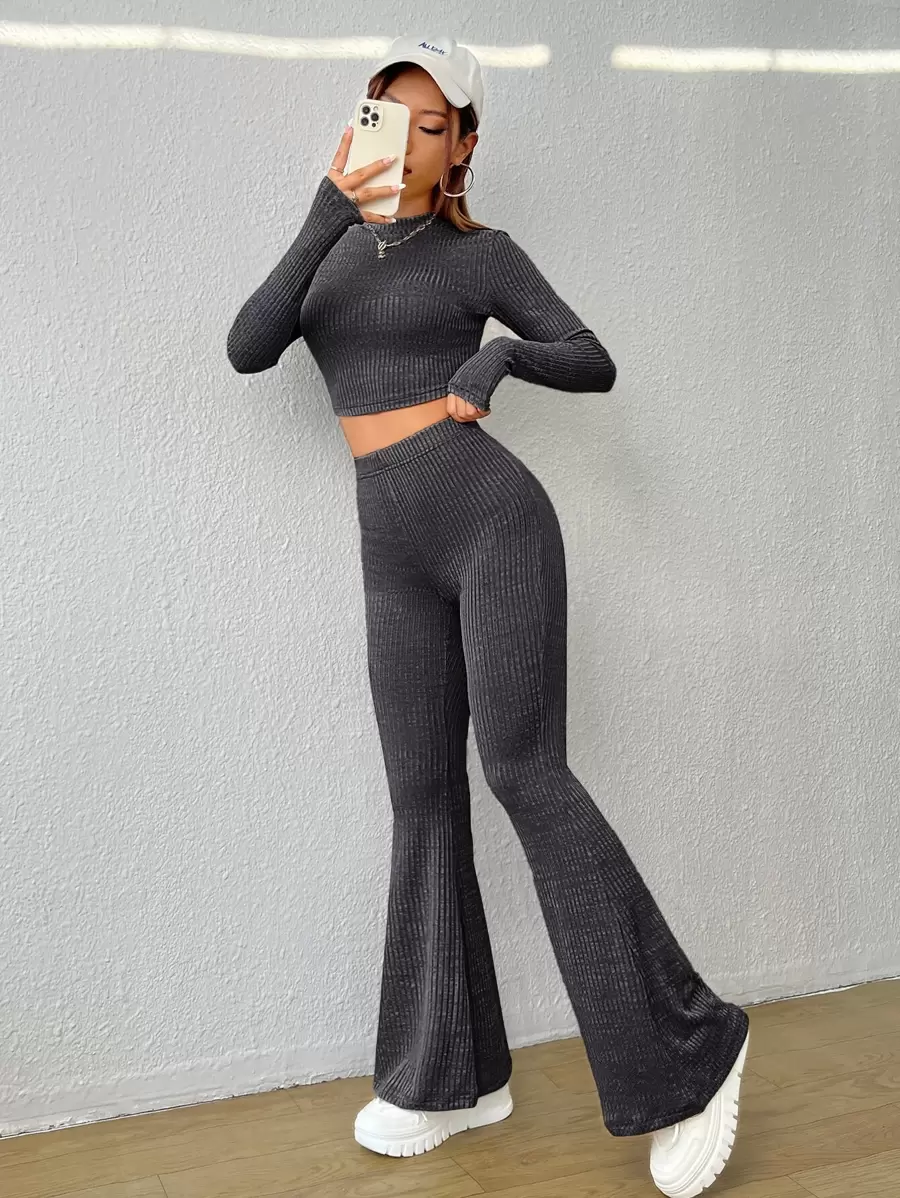 SHEIN EZwear Bộ đồ hai mảnh nữ Gân đan màu trơn Giải trí - màu đen - Xem 1