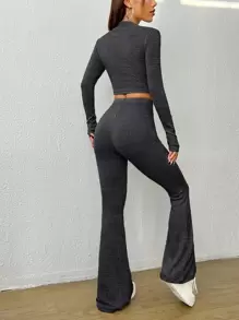 SHEIN EZwear Bộ đồ hai mảnh nữ Gân đan màu trơn Giải trí - màu đen - Xem 2