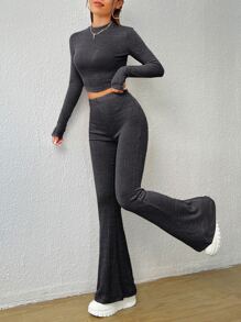 SHEIN EZwear Bộ đồ hai mảnh nữ Gân đan màu trơn Giải trí - màu đen - Xem 5