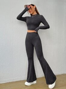 SHEIN EZwear Bộ đồ hai mảnh nữ Gân đan màu trơn Giải trí - màu đen - Xem 6