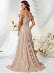 YISIKADO Off Shoulder Viền Ruffle Kim sa Dạ hội Váy phù dâu - Rượu sâm banh - Xem 3