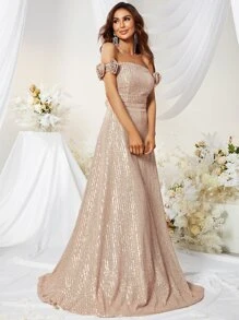 YISIKADO Off Shoulder Viền Ruffle Kim sa Dạ hội Váy phù dâu - Rượu sâm banh - Xem 2