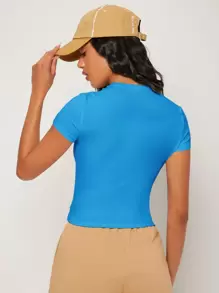 SHEIN BASICS Áo thun nữ màu trơn Giải trí - Màu xanh bạc hà - Xem 2