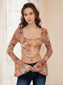 SHEIN MOD Figure Graphic Flounce Sleeve Tee - Multicolor - View 1