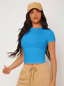 SHEIN BASICS Áo thun nữ màu trơn Giải trí - Màu xanh bạc hà - Xem 6