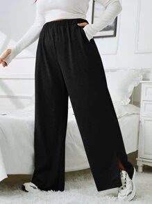 SHEIN EZwear 大碼彈性腰帶下擺開叉闊腿衛褲 - 黑色 - 查看 1