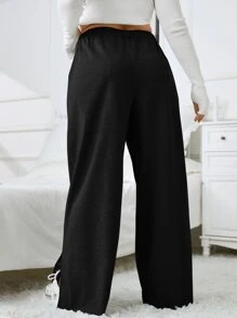 SHEIN EZwear 大碼彈性腰帶下擺開叉闊腿衛褲 - 黑色 - 查看 2
