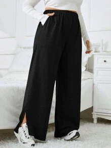 SHEIN EZwear 大碼彈性腰帶下擺開叉闊腿衛褲 - 黑色 - 查看 3