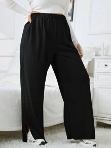 SHEIN EZwear 大碼彈性腰帶下擺開叉闊腿衛褲 - 黑色 - 查看 4