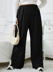 SHEIN EZwear 大碼彈性腰帶下擺開叉闊腿衛褲 - 黑色 - 查看 5