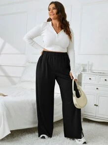 SHEIN EZwear 大碼彈性腰帶下擺開叉闊腿衛褲 - 黑色 - 查看 6