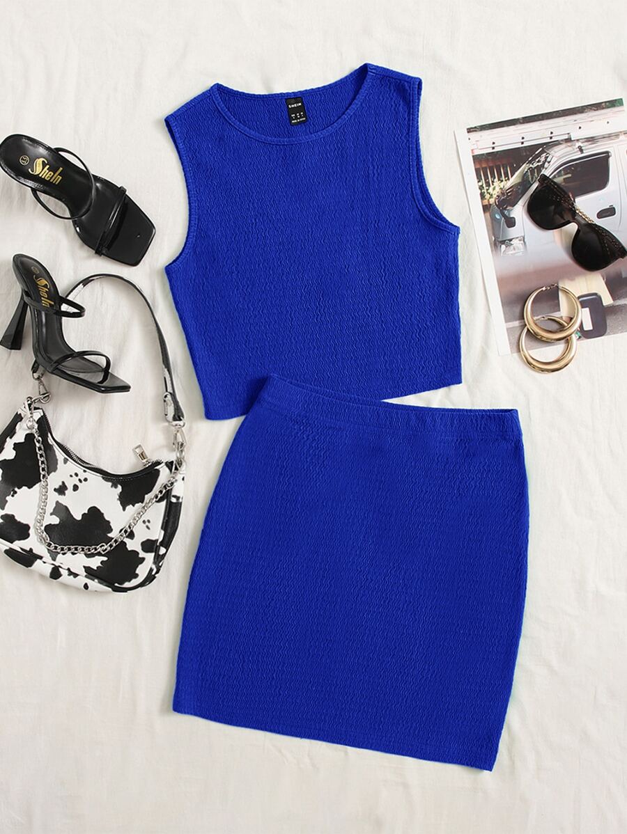 SHEIN EZwear Bộ đồ hai mảnh nữ màu trơn Giải trí - Xanh đậm - Xem 1