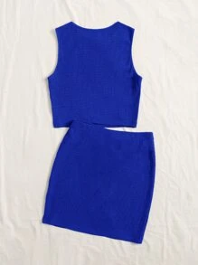 SHEIN EZwear Bộ đồ hai mảnh nữ màu trơn Giải trí - Xanh đậm - Xem 2