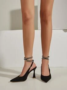 Rhinestone Decor Point Toe Heeled Faux Suede Ankle Strap Pumps - Black - View 4