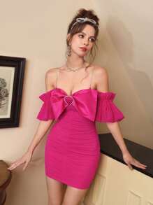 SHEIN MOD 心环相连挖肩褶邊緊身連衣裙 - 玫紅色 - 查看 5