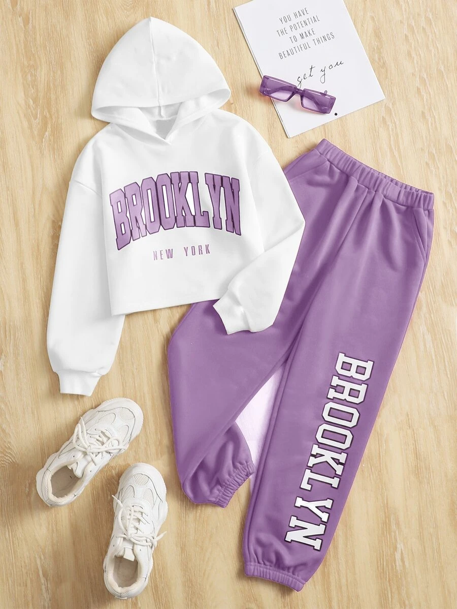 SHEIN Conjunto De Sudadera Con Capucha Y Pantalones De Chándal Con Gráficos De Letras Para Niñas Preadolescentes - Lila Púrpura - Ver 1