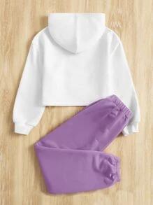 SHEIN Conjunto De Sudadera Con Capucha Y Pantalones De Chándal Con Gráficos De Letras Para Niñas Preadolescentes - Lila Púrpura - Ver 2