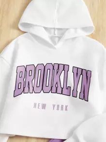 SHEIN Conjunto De Sudadera Con Capucha Y Pantalones De Chándal Con Gráficos De Letras Para Niñas Preadolescentes - Lila Púrpura - Ver 3