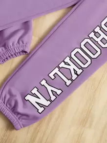 SHEIN Conjunto De Sudadera Con Capucha Y Pantalones De Chándal Con Gráficos De Letras Para Niñas Preadolescentes - Lila Púrpura - Ver 4